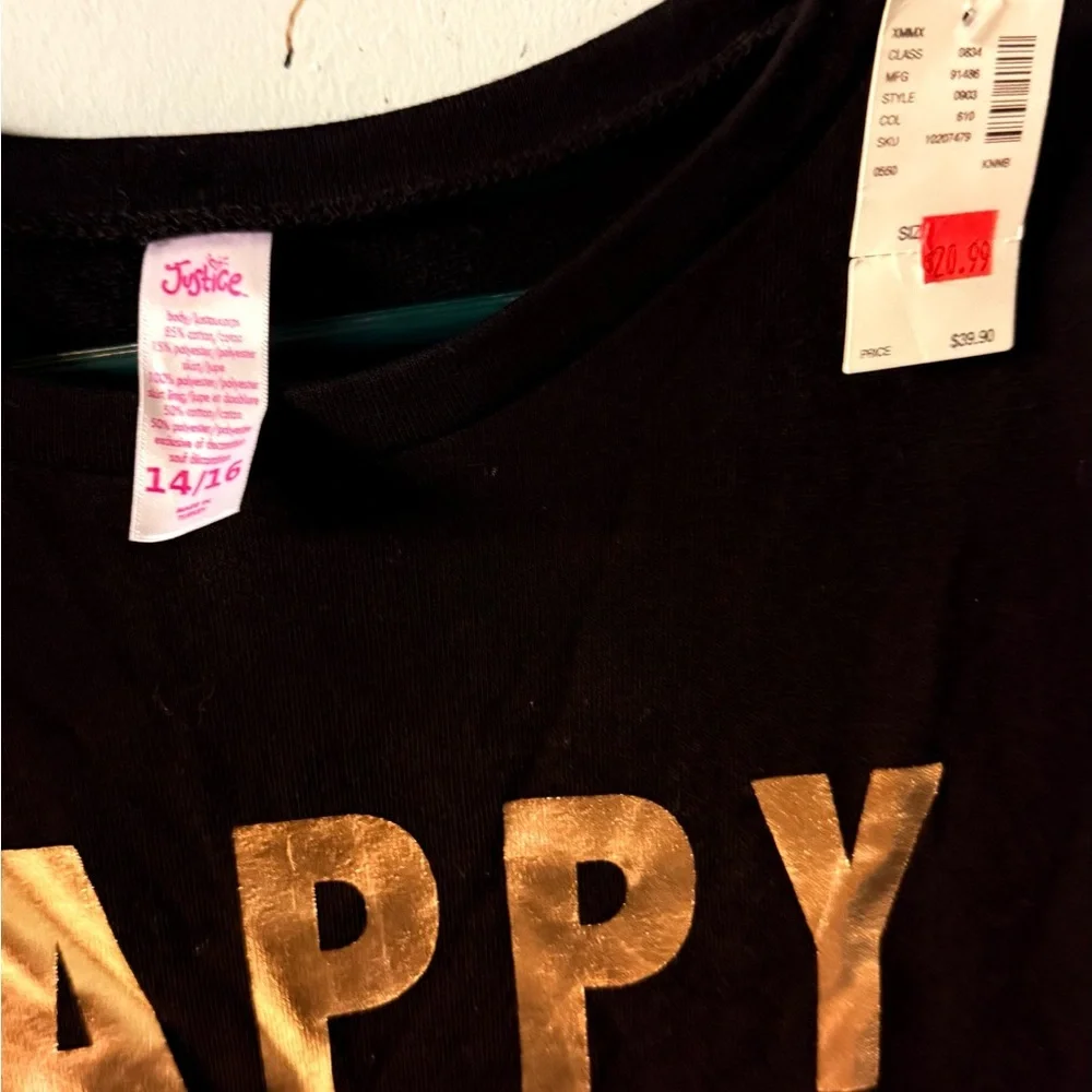 Justice Black Tee with Metallic Gold 'HAPPY' Lettering